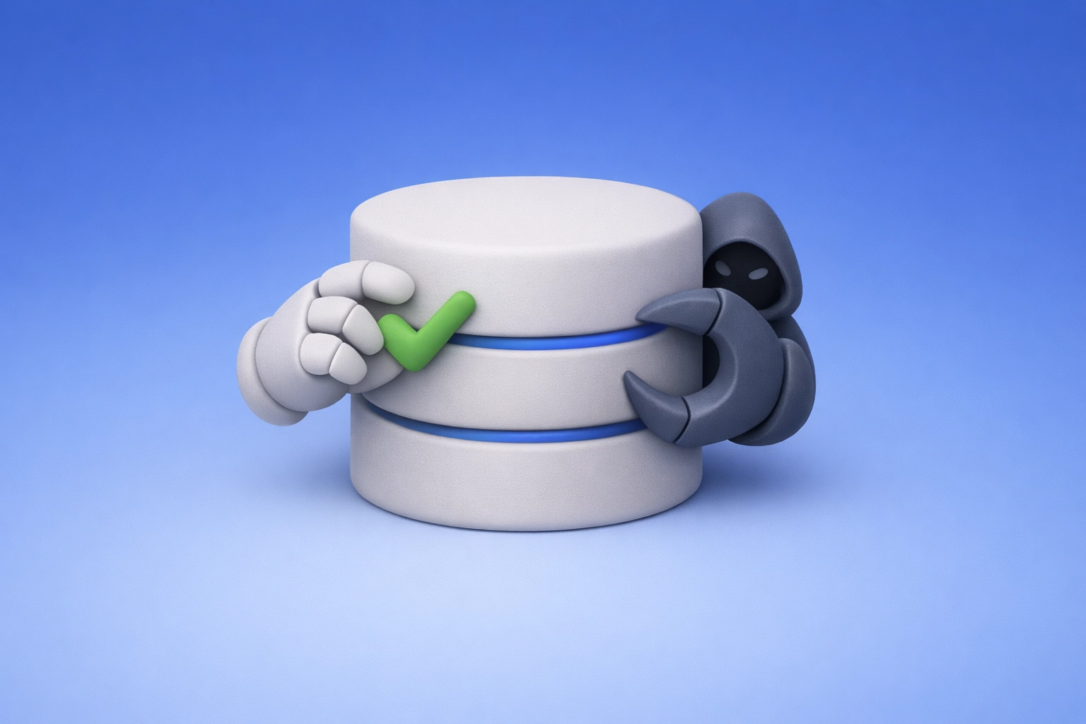 데이터베이스를 사이에 둔 AI 생산성 체크 표시와 섀도우 AI 해커 갈고리의 대립을 표현한 3D 클레이모피즘 일러스트