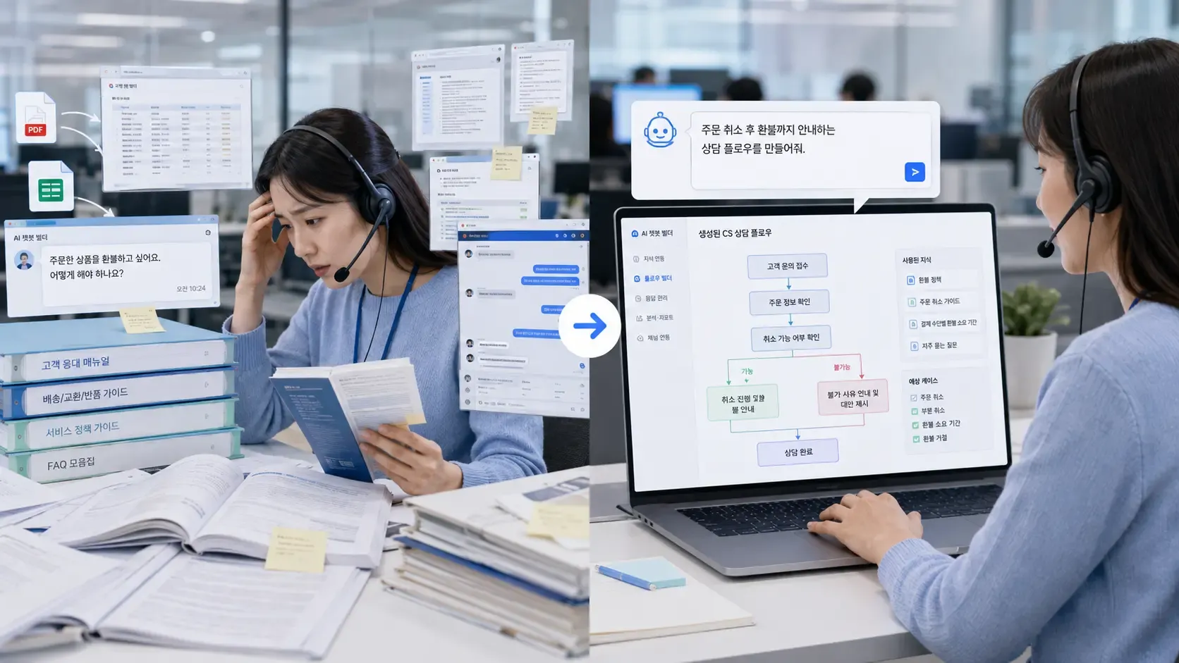 문서와 문의가 많아 혼란스러운 상담 환경과, 정리된 상담 플로우를 비교한 이미지
