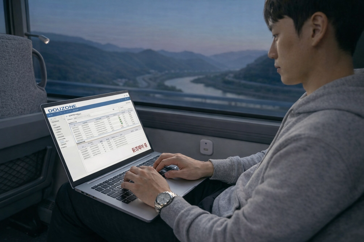 통근 버스 안에서 리모트뷰로 더존 ERP 업무를 처리하는 모습