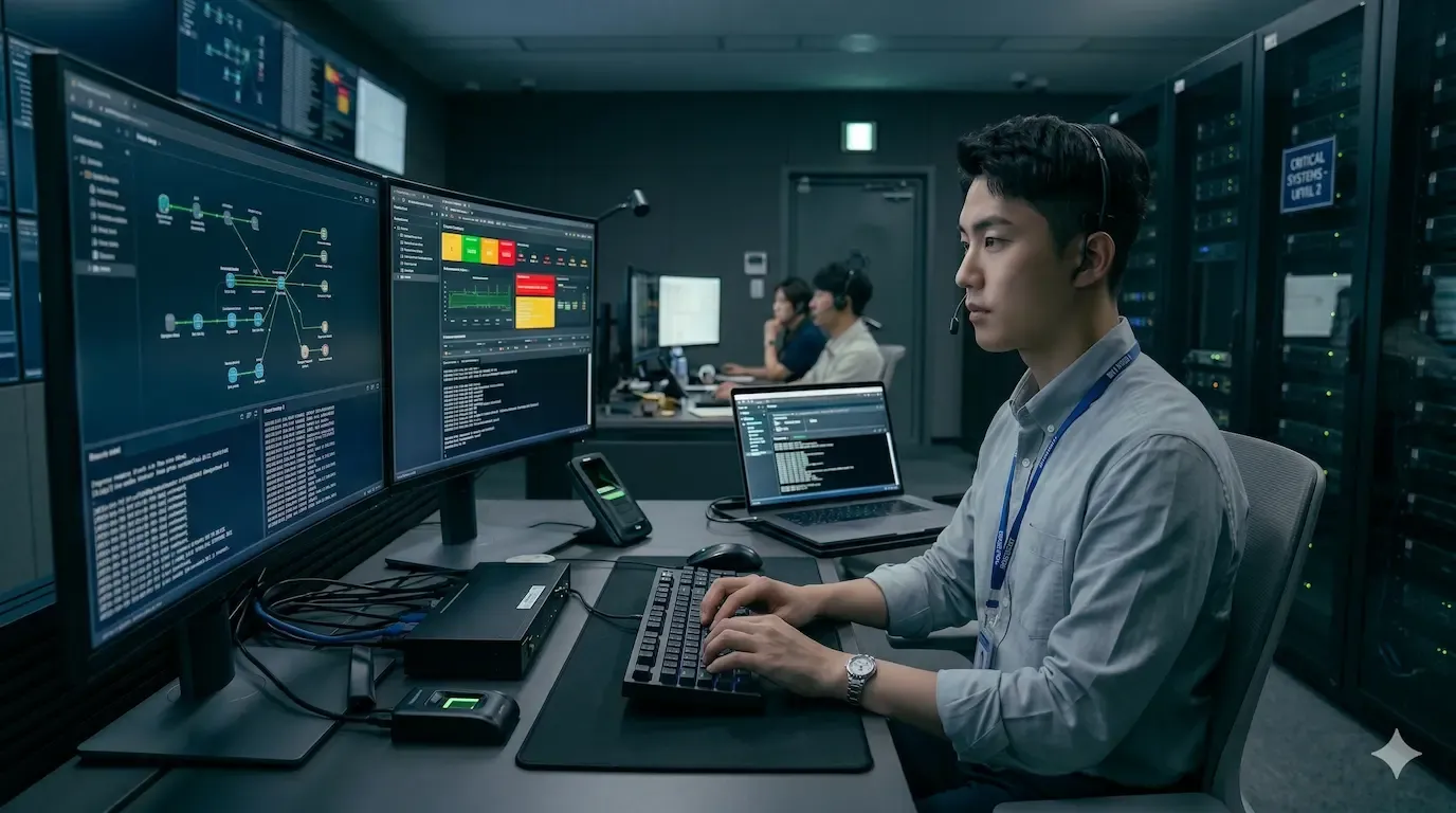 보안 관제 센터에서 리모트뷰 SE로 원격 제어 중인 전문가