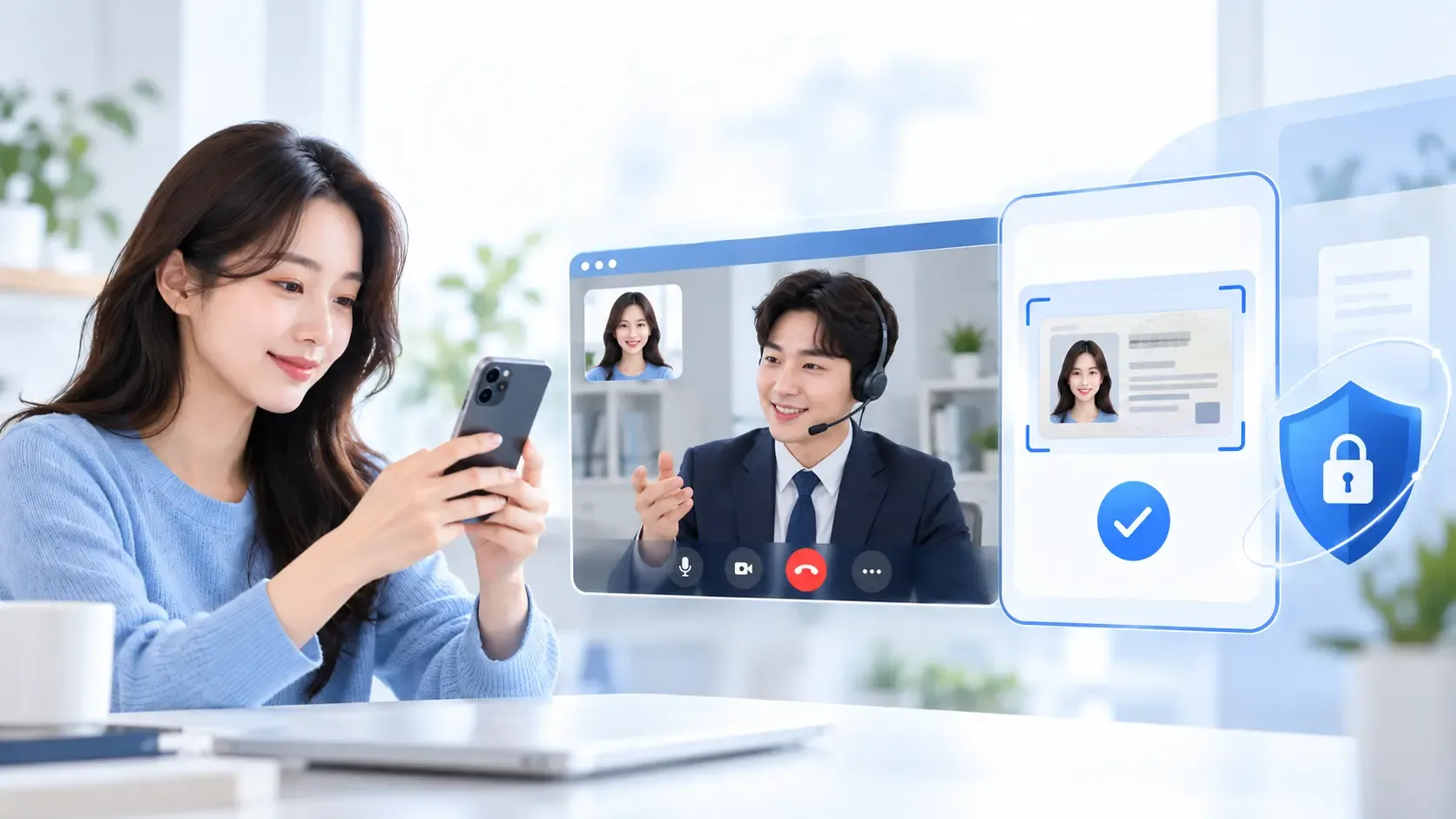 고객이 자택에서 금융 상담원과 영상통화를 하며 신분증을 제시하는 비대면 실명확인 상황