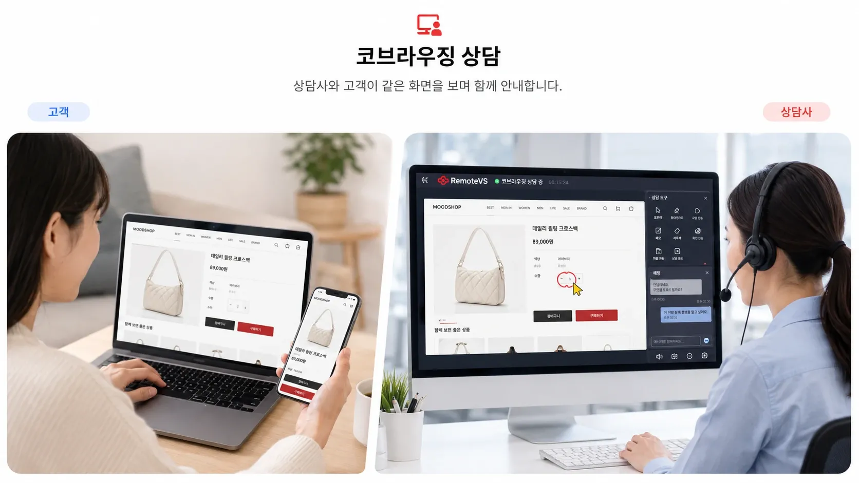 서로 다른 장소에서 고객과 상담사가 같은 웹페이지를 보며 코브라우징 상담을 진행하는 모습