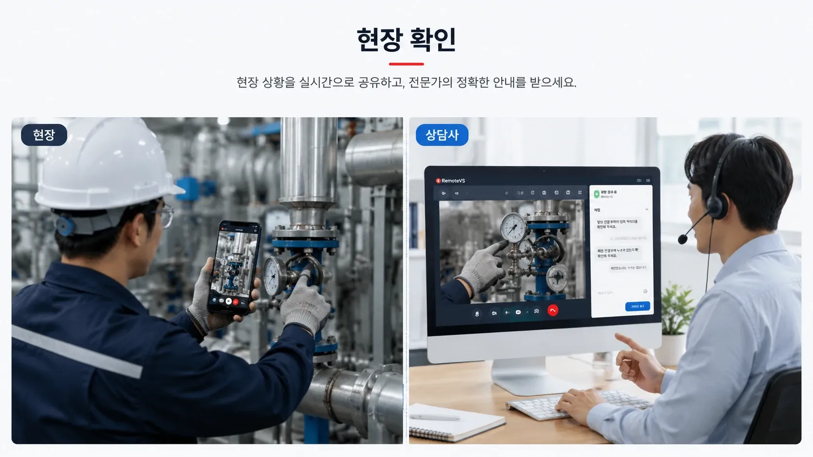 현장 작업자가 산업 설비를 스마트폰으로 촬영하고 원격 상담사가 사무실에서 화면을 확인하는 모습