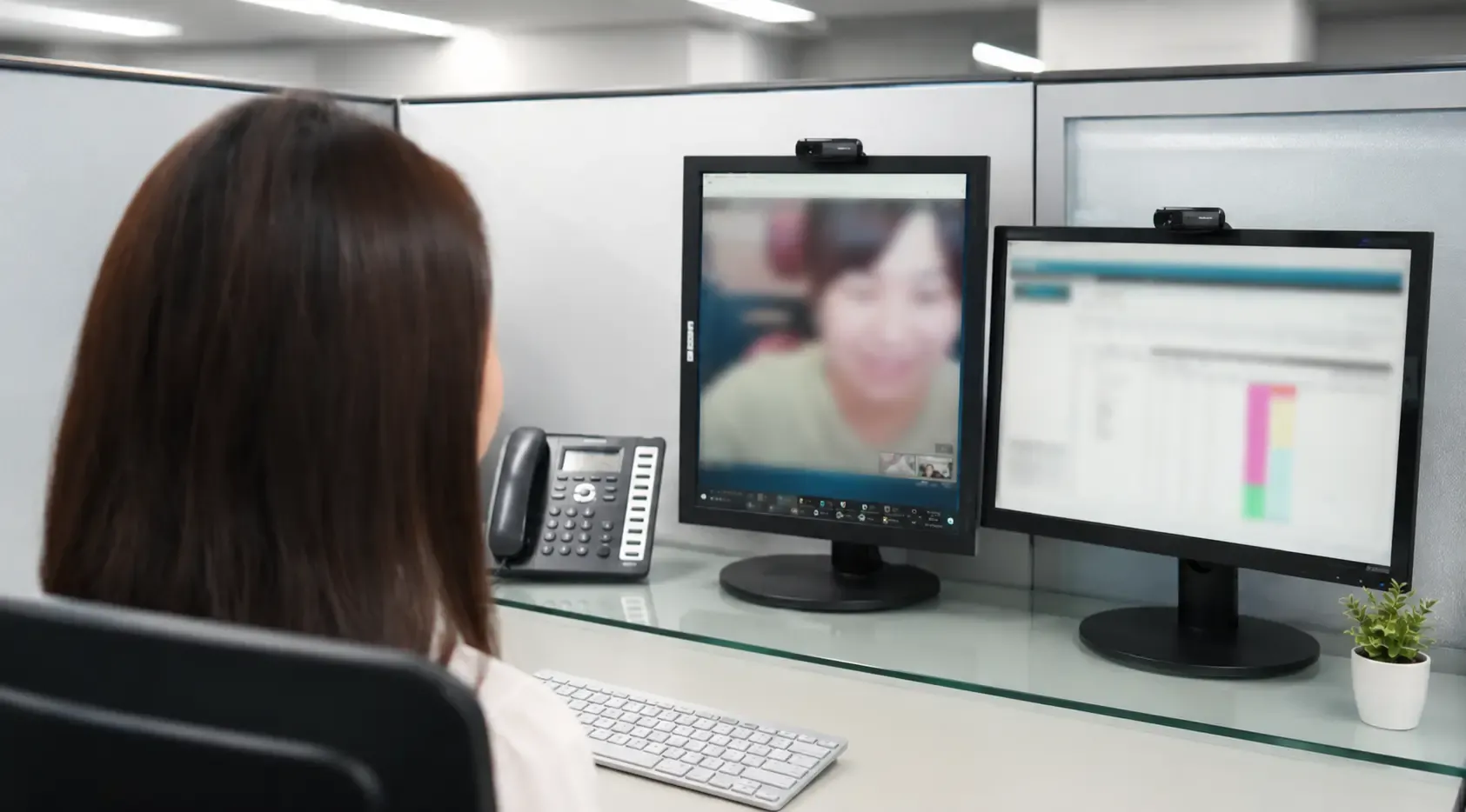 에스원CRM 직원이 집에서 리모트미팅 화상회의 프로그램을 사용하여 재택근무 조회를 진행하는 실제 장면
