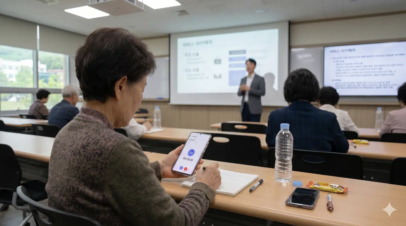 강의실에서 스마트폰으로 AI 녹음 기능을 활용 중인 어르신의 뒷모습