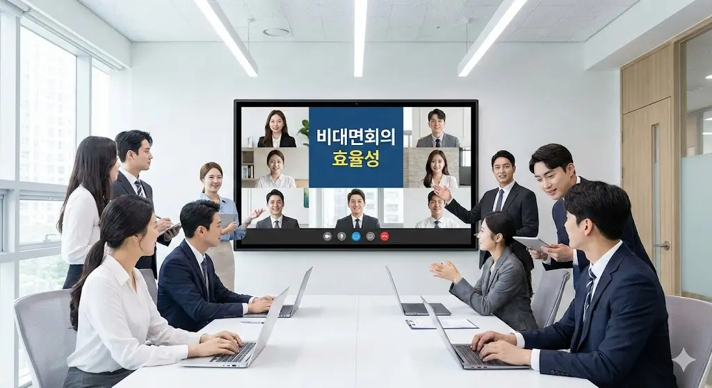 다양한 기기를 통해 실시간으로 화상회의를 진행하며 협업하는 비즈니스 팀의 모습