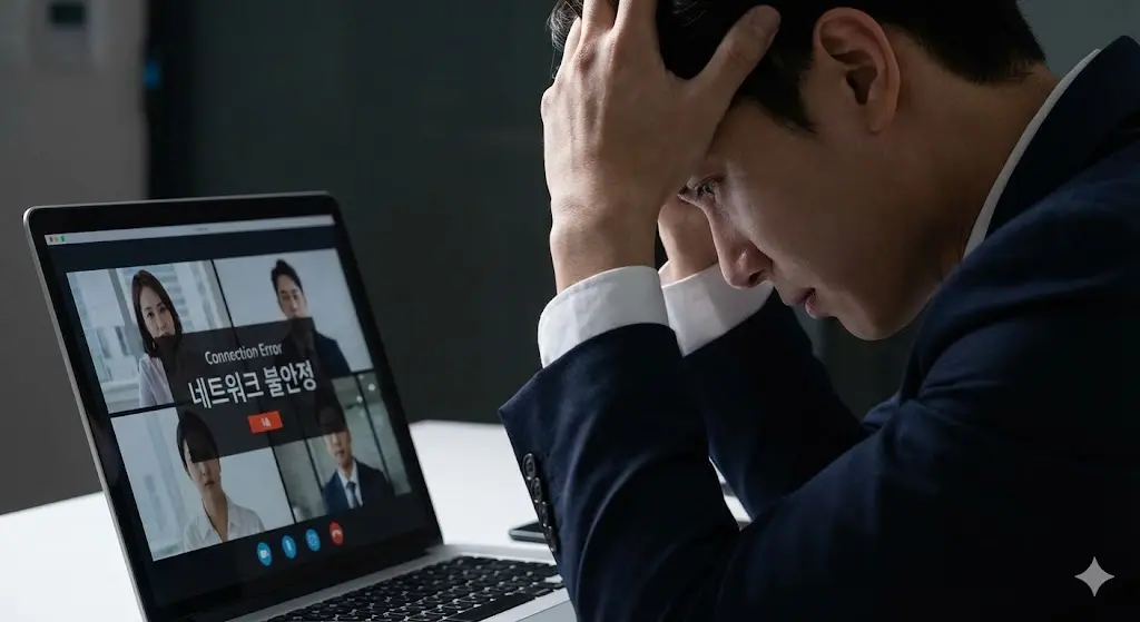 화상회의 중 네트워크 연결 불안정으로 인해 기술적 오류를 겪으며 곤란해하는 사용자