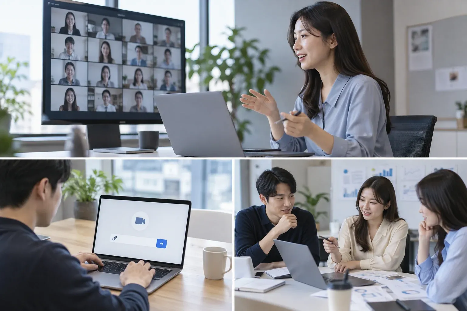 온라인 웨비나를 진행하는 발표자와 참가자, 세미나 운영을 준비하는 팀의 모습