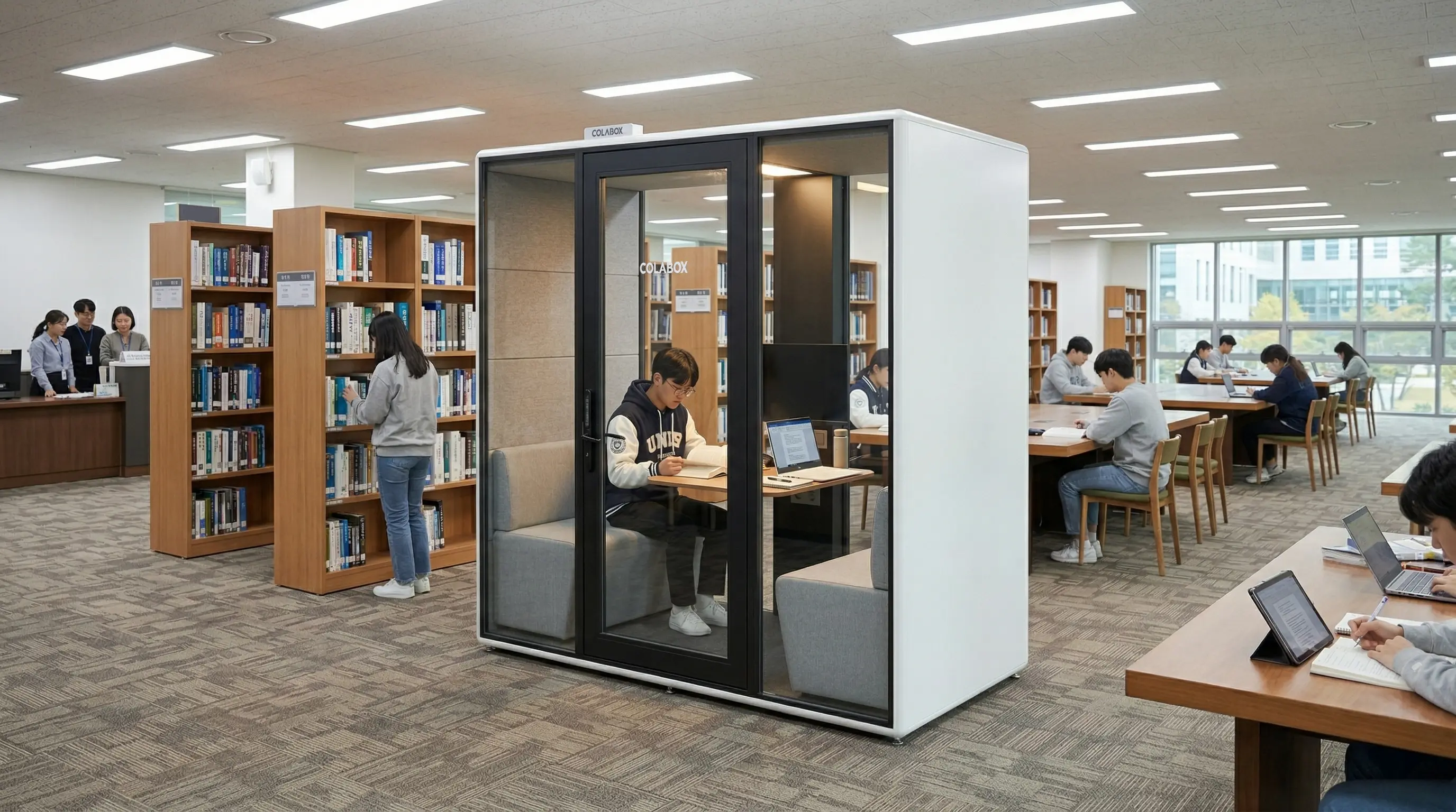 대학 도서관 및 유휴 공간에 별도 공사 없이 설치된 친환경부스 콜라박스 내부 모습