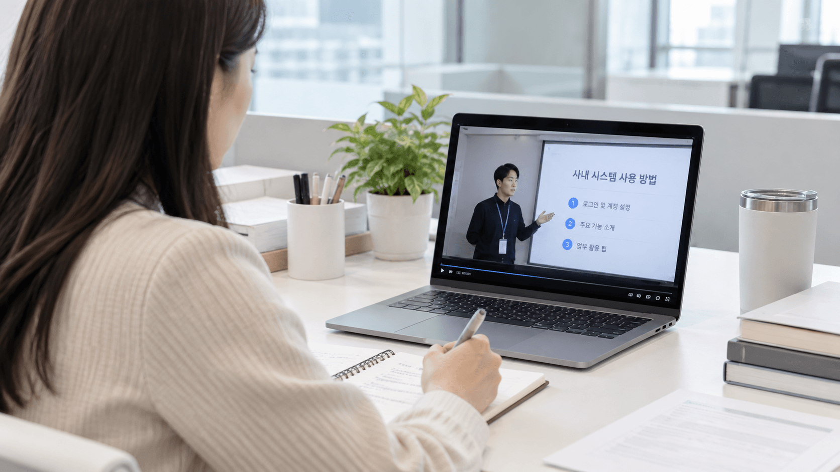 HR 담당자가 노트북으로 사내 교육 영상을 시청하며 교육 내용을 메모하는 모습