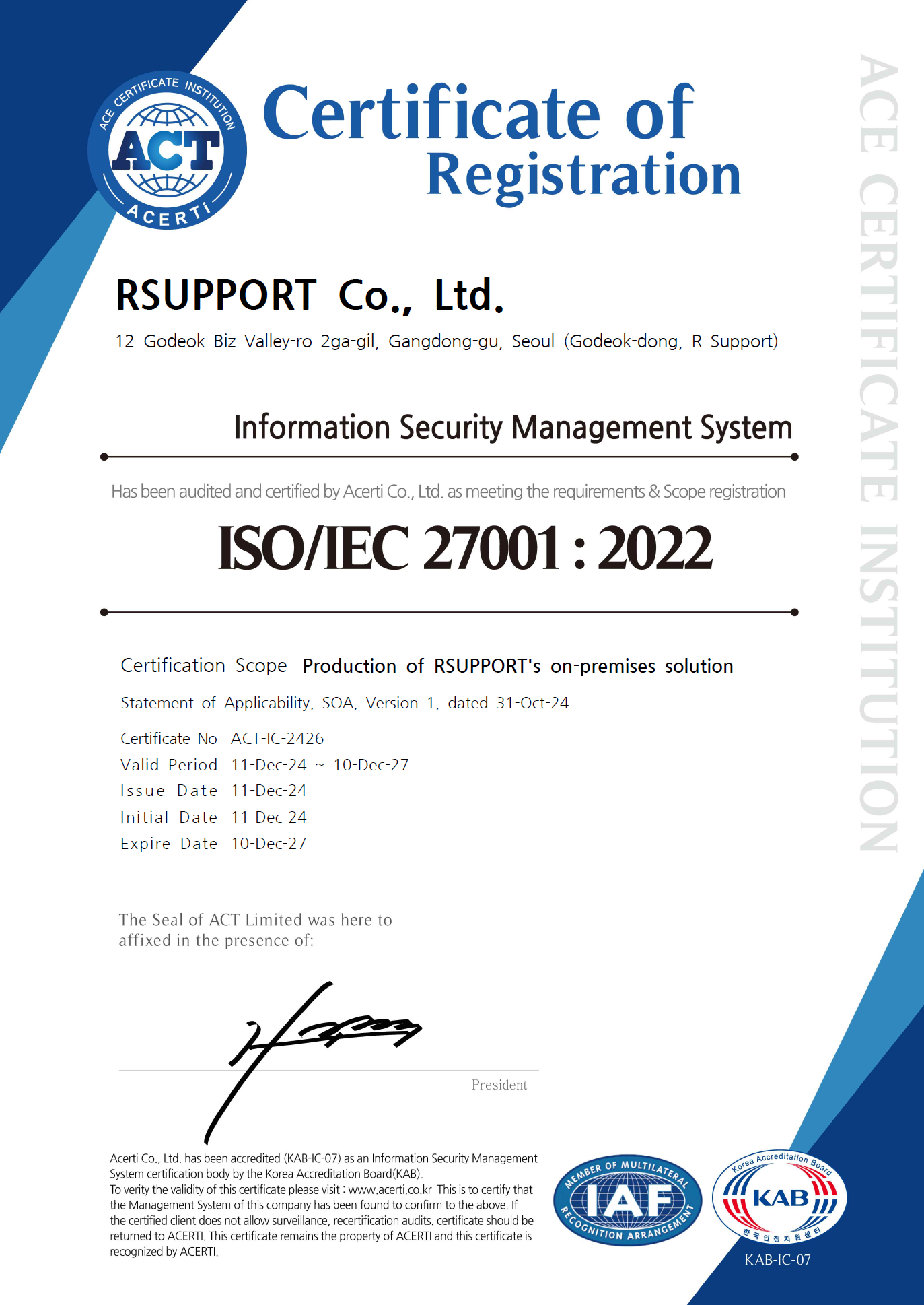 ISO/IEC 27001:2022 Certificate